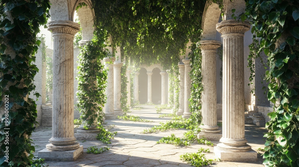 Fototapeta premium Ancient architectural ruins featuring marble Roman pillars and columns adorned with ivy leaves. Includes a collection of temple stone arches and a broken colonnade from a medieval palace.