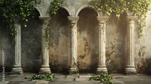 Ancient architectural ruins featuring marble Roman pillars and columns adorned with ivy leaves. Includes a collection of temple stone arches and a broken colonnade from a medieval palace.