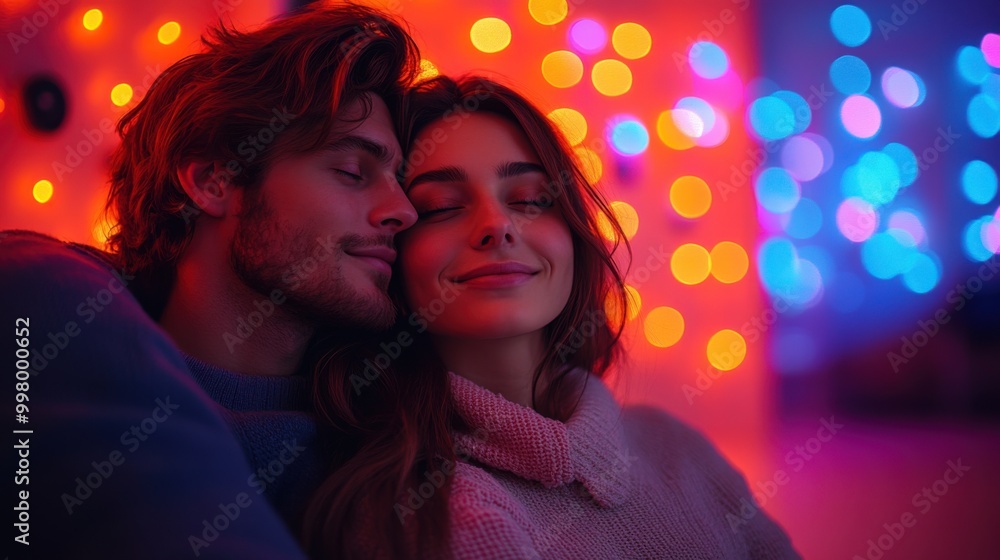 Tranquil Futuristic Holiday Romance - Couple in Stylish Apartment with Soft Holographic Christmas Decorations, Evening Mood. Tranquil Futuristic Holiday Romance - Couple in Stylish Apartment with Soft Holographic Christmas Decorations, Evening Mood.