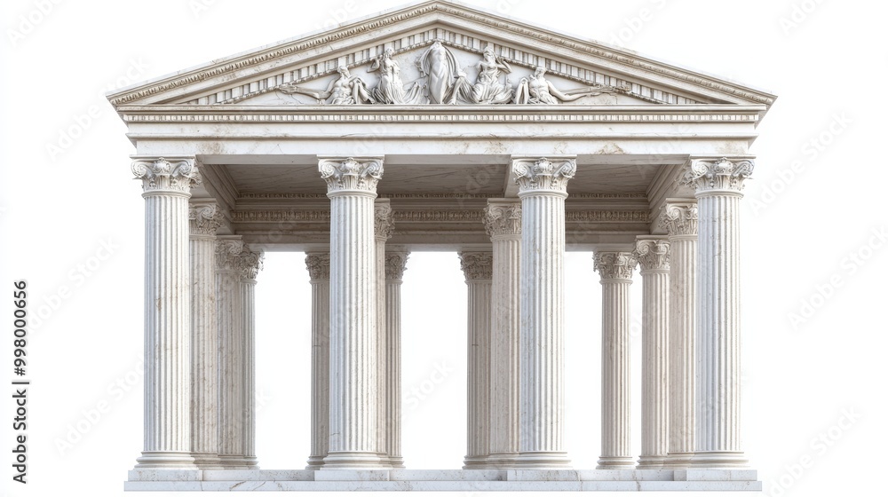Ancient Greek and Roman architectural temple with columns, a roof, and an arched frame. The temple is made of white marble and is isolated on a background. Ancient Greek and Roman architectural temple with columns, a roof, and an arched frame. The temple is made of white marble and is isolated on a background.