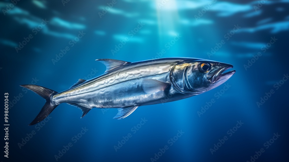 Fototapeta premium A vibrant fish swimming gracefully in deep blue ocean waters during sunlight rays