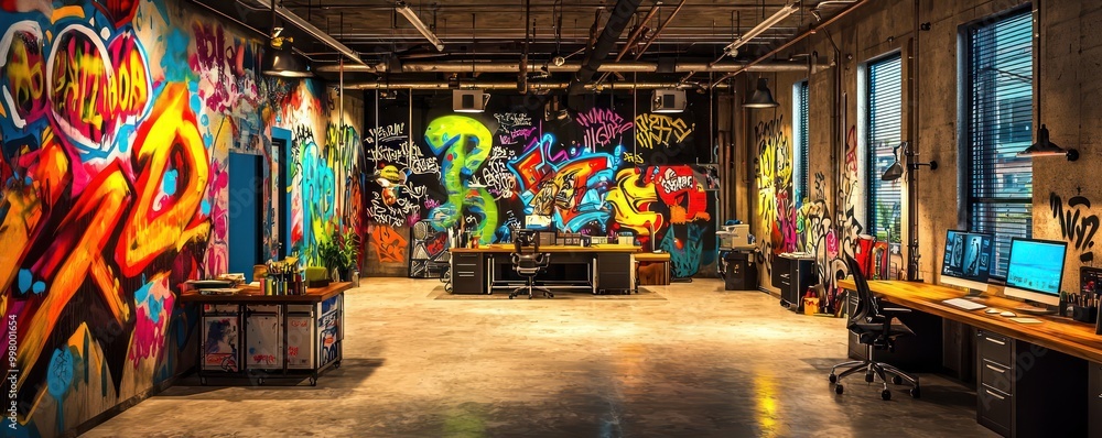 Obraz premium Home office with an urban street art theme, featuring graffiti murals, industrial furniture, and vibrant colors Edgy and creative