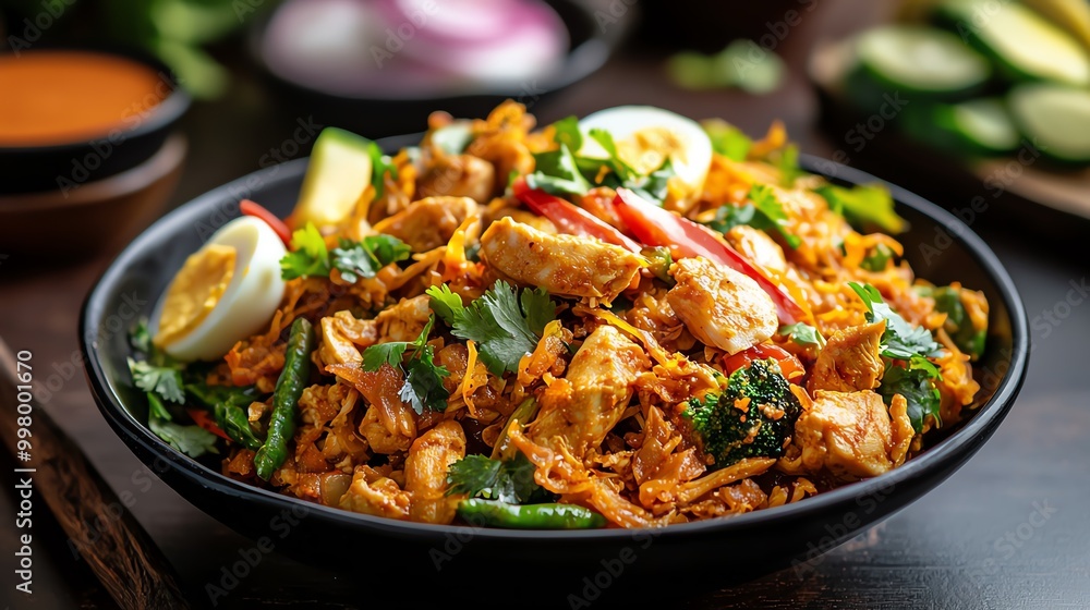 A vibrant bowl of delicious chicken stir-fry with fresh vegetables and herbs, perfect for a healthy meal or culinary inspiration. A vibrant bowl of delicious chicken stir-fry with fresh vegetables and herbs, perfect for a healthy meal or culinary inspiration.