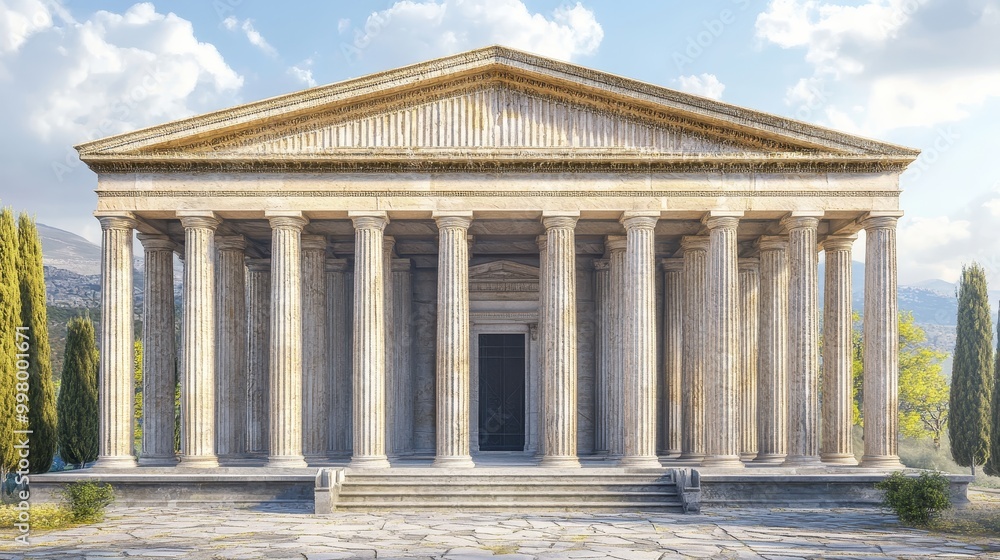 Obraz premium Ancient Roman temple, resembling the Greek Parthenon, with columns and a gate, representing Roman Empire architecture and Greek history, like the Acropolis in Athens.