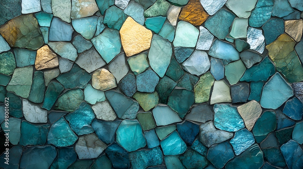 A vibrant mosaic wall crafted from irregular sea glass tiles, in shades of aqua, teal, and emerald, forming abstract ocean wave patterns under soft sunlight A vibrant mosaic wall crafted from irregular sea glass tiles, in shades of aqua, teal, and emerald, forming abstract ocean wave patterns under soft sunlight