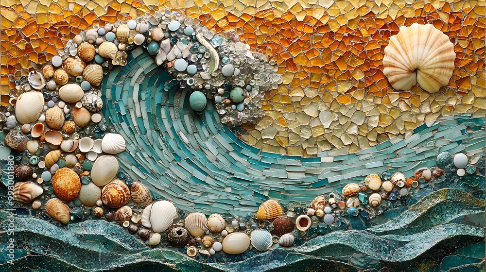 Naklejka premium Intricate mosaic of sea glass and shells forming tidal waves on a wall, golden highlights shimmer among coral hues, capturing the ocean's rhythm