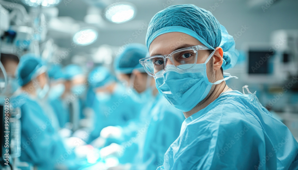 Female surgeon standing in operating room with team performing surgery Female surgeon standing in operating room with team performing surgery