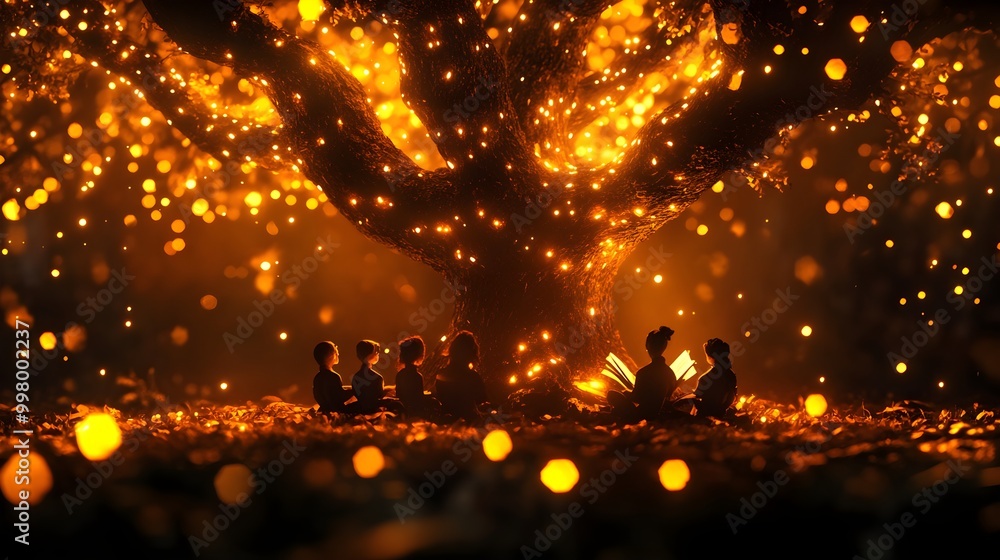 A fantasy setting where children sit in a circle under a magical tree, with glowing leaves and fairy lights, as a whimsical figure reads a story from an ancient book. Fantasy, Glow, Surrealism A fantasy setting where children sit in a circle under a magical tree, with glowing leaves and fairy lights, as a whimsical figure reads a story from an ancient book. Fantasy, Glow, Surrealism