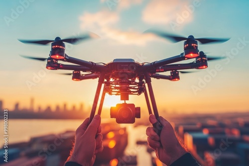 Hands holding a drone in front of a sunset skyline symbolizing the growing importance of drone technology in logistics and delivery systems for fast urban services photo