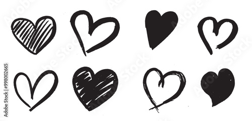 Set of eight hand drawn heart. Handdrawn rough marker hearts isolated on white background. Vector illustration for your graphic design