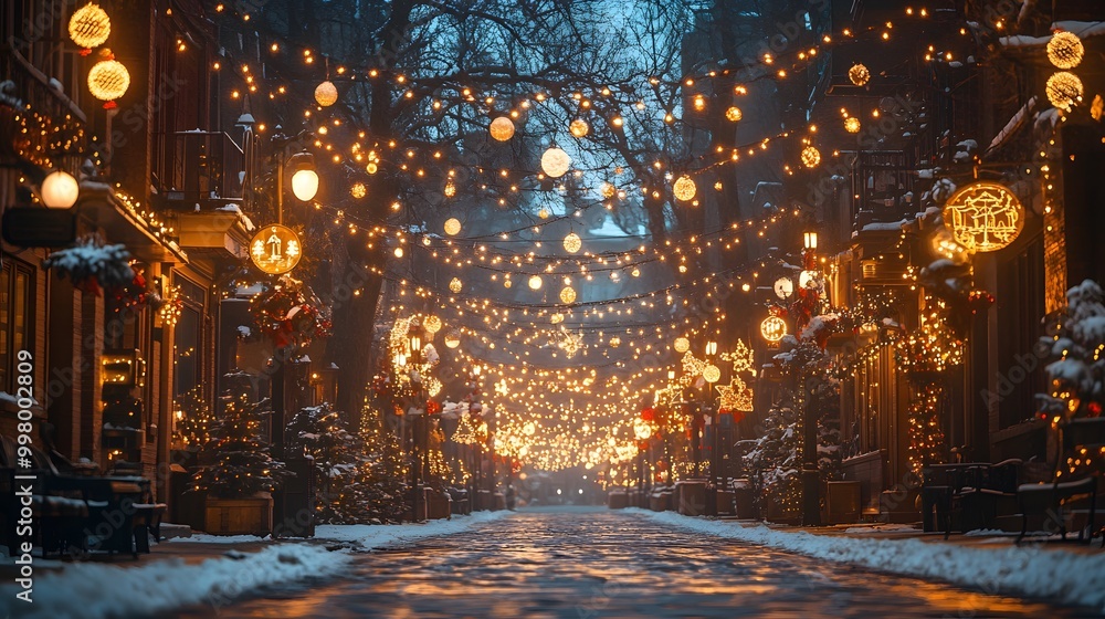 Naklejka premium Festive holiday lights illuminating a cozy winter street, perfect for year-end celebrations