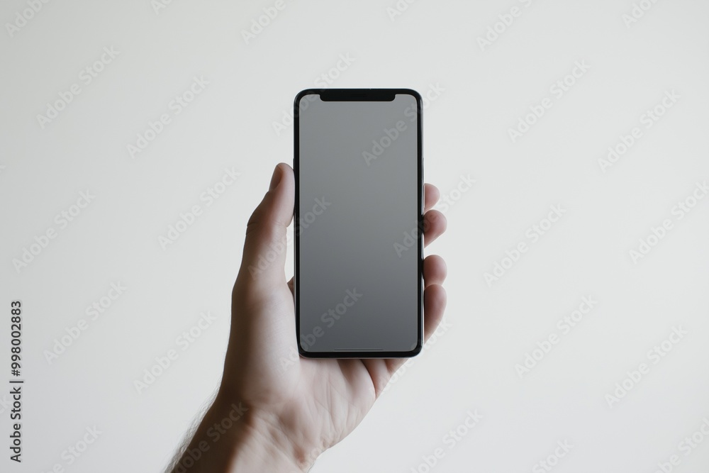 Close-up of a mobile phone against a plain white background, held by an invisible hand, showcasing the device's sleek design and modern features. Close-up of a mobile phone against a plain white background, held by an invisible hand, showcasing the device's sleek design and modern features.