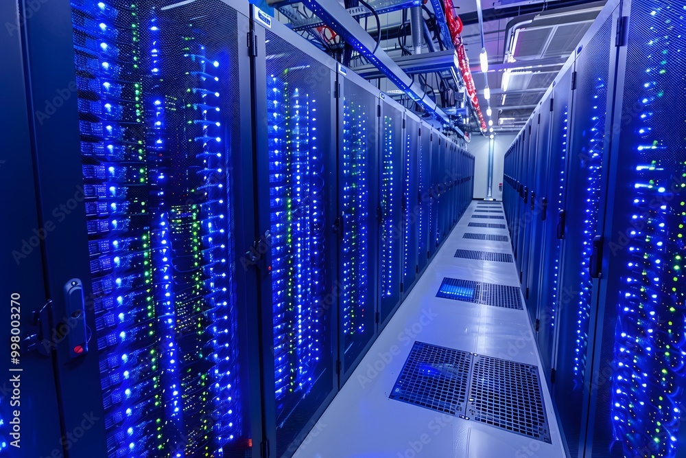 Modern Data Center with Server Racks and Blue LED Lights for Cloud Computing and Data Storage