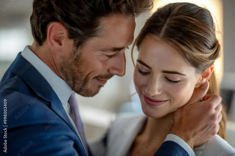 close-up shot of a businessman putting his hand on a female colleague's shoulder, congratulating her on success in the office. Both are smiling and showing support for each other close-up shot of a businessman putting his hand on a female colleague's shoulder, congratulating her on success in the office. Both are smiling and showing support for each other