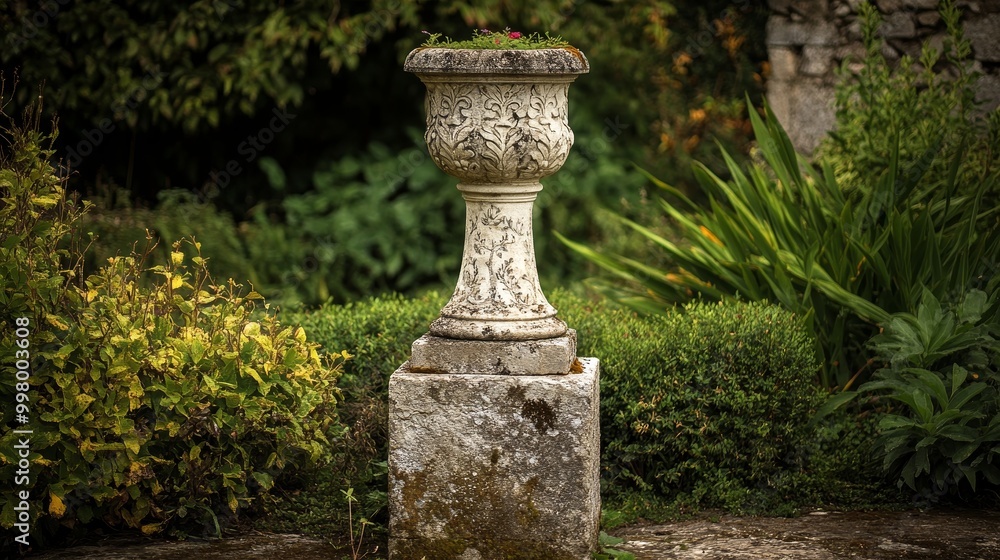 Antique stone pillar in an ornamental garden with damask toile de jouy pattern. Antique stone pillar in an ornamental garden with damask toile de jouy pattern.