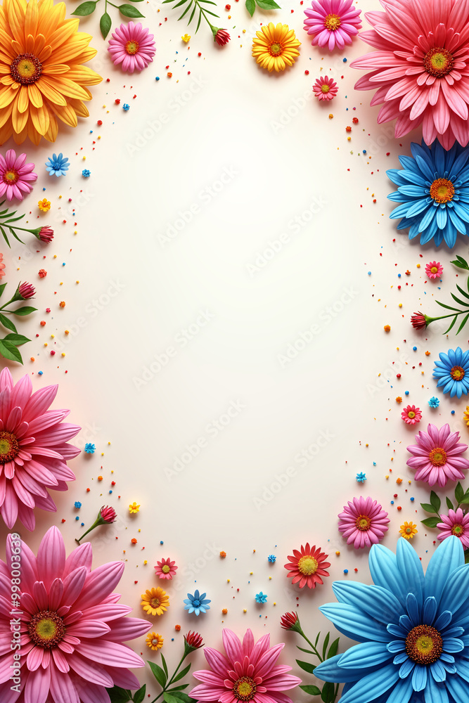 Holiday card. Large, empty space surrounded by a colorful array of flowers and leaves, creating a vibrant and lively border. Holiday card. Large, empty space surrounded by a colorful array of flowers and leaves, creating a vibrant and lively border.