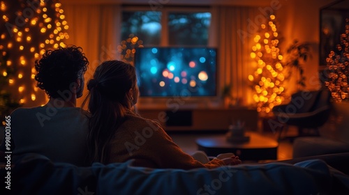 Festive Holographic Movie Night in Stylish Smart Home - Cozy Christmas Entertainment for Couple