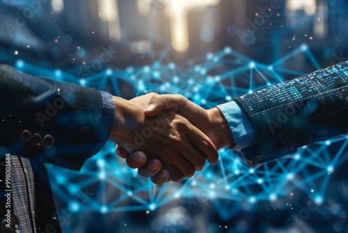 Two businessmen shaking hands in a digital partnership, symbolizing trust and teamwork in the technology industry. The background is a futuristic blue technology setting.