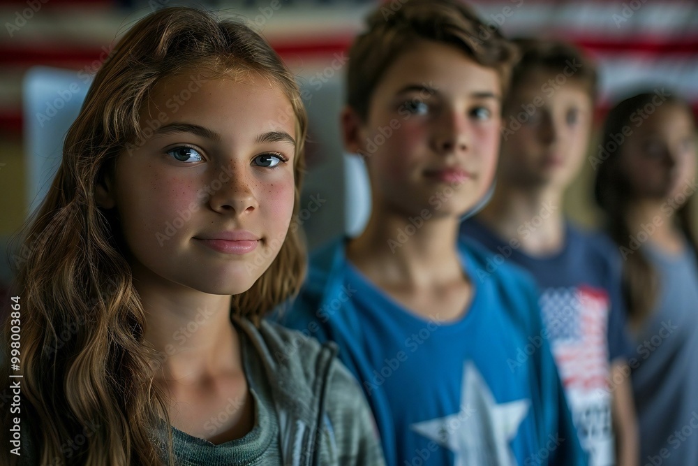 group of young people standing at the entrance of a voting room on election day, with a patriotic American flag and voting booth in the background. group of young people standing at the entrance of a voting room on election day, with a patriotic American flag and voting booth in the background.