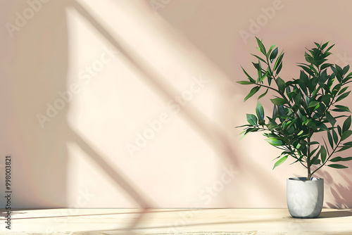 A single potted plant with green leaves sits on a wooden surface in front of a peach-colored wall. The light streaming in from the window casts soft, diagonal shadows.