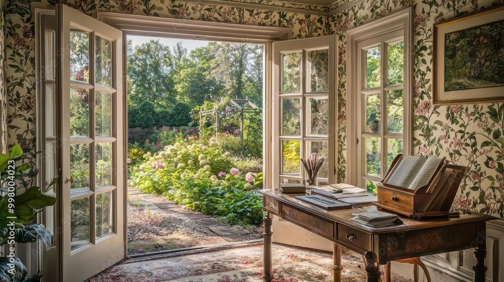 Home office with a classic English garden theme, featuring floral wallpaper, a vintage writing desk, and views of a lush garden Tranquil and picturesque Home office with a classic English garden theme, featuring floral wallpaper, a vintage writing desk, and views of a lush garden Tranquil and picturesque