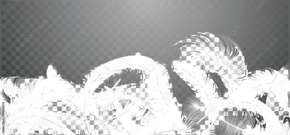 Vector white feathers collection, set of different falling fluffy twirled feathers, isolated on transparent background. Realistic style, vector 3d illustration Vector white feathers collection, set of different falling fluffy twirled feathers, isolated on transparent background. Realistic style, vector 3d illustration