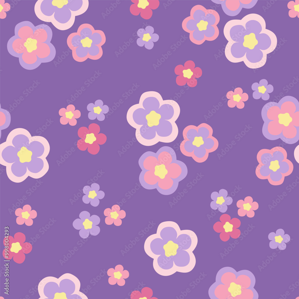 Hand drawn seamless pattern with abstract stylized flowers in pastel colors on a purple background Hand drawn seamless pattern with abstract stylized flowers in pastel colors on a purple background