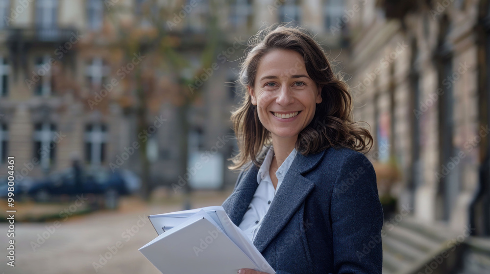 confident woman smiles while holding documents outside historic building, showcasing professional demeanor. Her relaxed posture and warm expression convey sense of accomplishment and readiness confident woman smiles while holding documents outside historic building, showcasing professional demeanor. Her relaxed posture and warm expression convey sense of accomplishment and readiness
