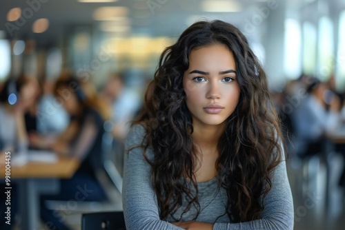 Wallpaper Mural Young Depressed Businesswoman Sitting At Office Desk, surrounded by a diverse group of colleagues who are busy on their phone calls. The businesswoman looks sad and stressed while dealing Torontodigital.ca
