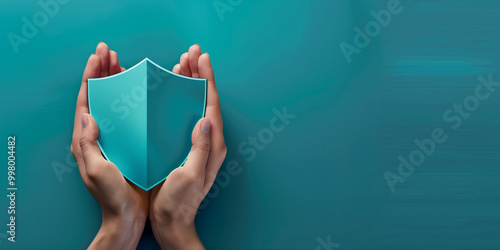 A pair of hands gently holding a turquoise shield, symbolizing protection, security, and care in a safe environment. The soft background enhances the feeling of security and trust.