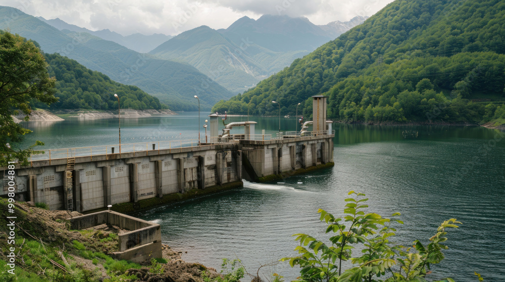 serene view of dam surrounded by lush green mountains and calm waters, showcasing harmony between nature and engineering. landscape reflects tranquility and beauty of environment serene view of dam surrounded by lush green mountains and calm waters, showcasing harmony between nature and engineering. landscape reflects tranquility and beauty of environment