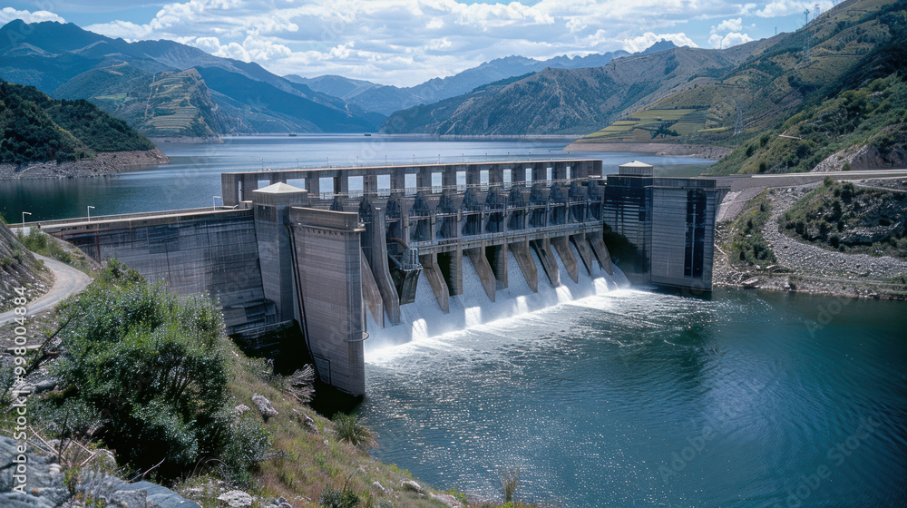 large hydroelectric dam stands majestically against backdrop of mountains and serene lake, showcasing power of renewable energy. water flows vigorously from dam, reflecting blue sky and surrounding large hydroelectric dam stands majestically against backdrop of mountains and serene lake, showcasing power of renewable energy. water flows vigorously from dam, reflecting blue sky and surrounding