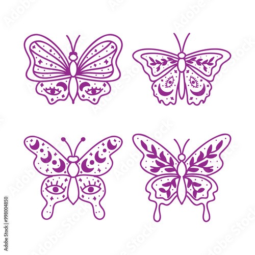 Set Of Celestial Butterflies Ouline Illustration