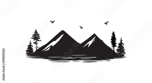 silhouette of mountain landscape with fir trees and lake vector. mountains and water vector silhouette