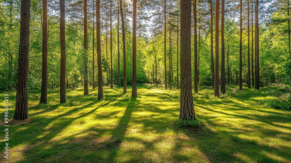 Lush green forest with tall trees casting shadows on the grass. Lush green forest with tall trees casting shadows on the grass.