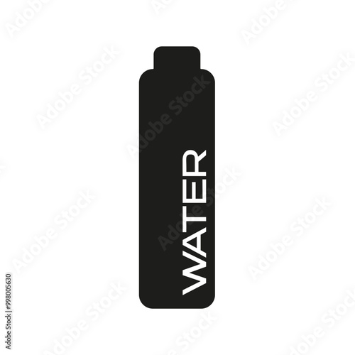 Water bottle icon, tall cylindrical shape, black on white design, minimalistic, hydration symbol, vertical text, clear and modern, simple design, product packaging, water-related.