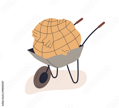 Wheelbarrow loaded with hay pile, straw heap. Single-wheel cart, car, barrow for farm fodder transportation. Forage, feed in trolley, carriage. Flat vector illustration isolated on white background