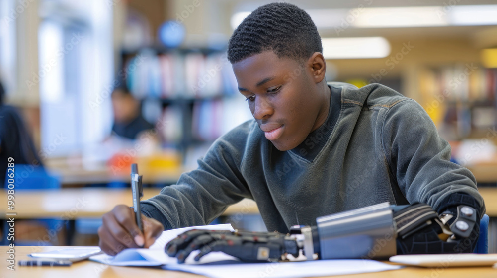 young man with prosthetic arm is focused on writing in classroom setting, showcasing determination and adaptability in his studies