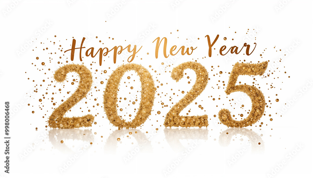 Happy New Year golden 2025 background. 2025 golden text on white. New Year banner. Celebration. Gold glitter Happy New Year golden 2025 background. 2025 golden text on white. New Year banner. Celebration. Gold glitter