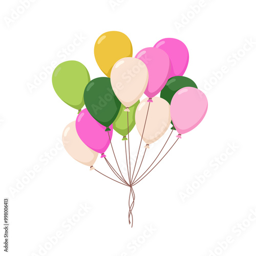 Balloons flying up, colorful bunch, tied with strings. Festive holiday decoration for birthday celebration. Air ballons, baloons bundle. Flat graphic vector illustration isolated on white background