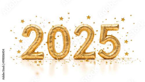 Happy New Year golden 2025 background. 2025 golden text on white. New Year banner. Celebration. Gold glitter