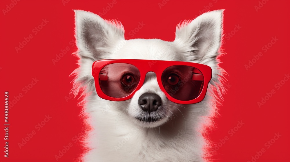 A stylish Chihuahua wearing red sunglasses against a bright red background A stylish Chihuahua wearing red sunglasses against a bright red background