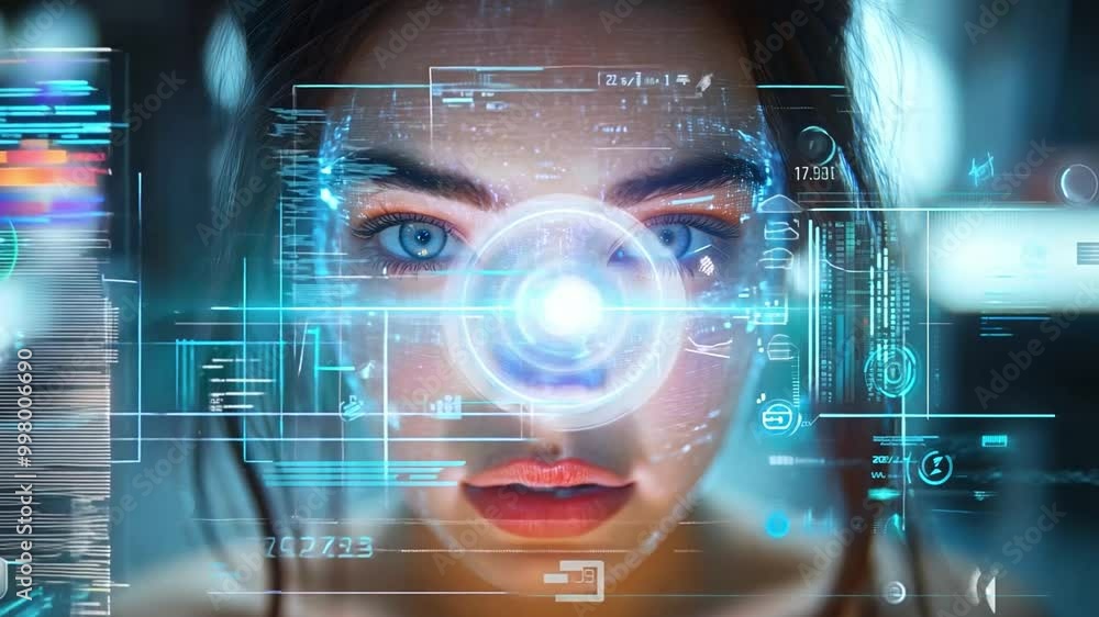 A woman gazes intently at floating holographic displays, immersed in advanced technology while illuminated by a soft glow in a futuristic setting. A woman gazes intently at floating holographic displays, immersed in advanced technology while illuminated by a soft glow in a futuristic setting.