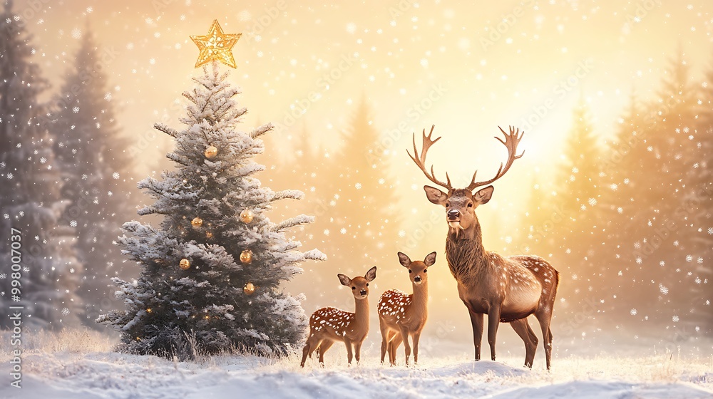 A family of deer standing in a snowy field with a Christmas tree A family of deer standing in a snowy field with a Christmas tree