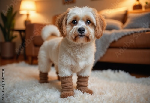 A cute dog wearing socks standing on a fluffy rug in a cozy living room photo