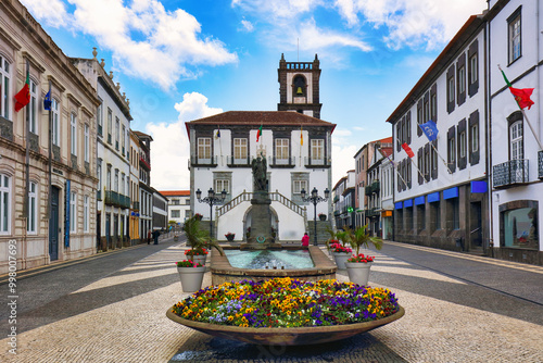 City Hall in Ponta Delgada, Azores, Portugal. Ponta Delgada City Hall with a bell tower in the capital of the Azores. Portugal, Sao Miguel. Town Hall, Ponta Delgada, Sao Miguel, Azores, Portugal