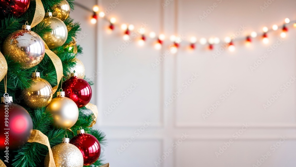 Closeup of Christmas Tree Decorations with bokeh Background – Holiday celebration Inspiration - Red, Gold