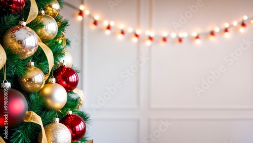 Obraz na płótnie Closeup of Christmas Tree Decorations with bokeh Background – Holiday celebration Inspiration - Red, Gold w salonie