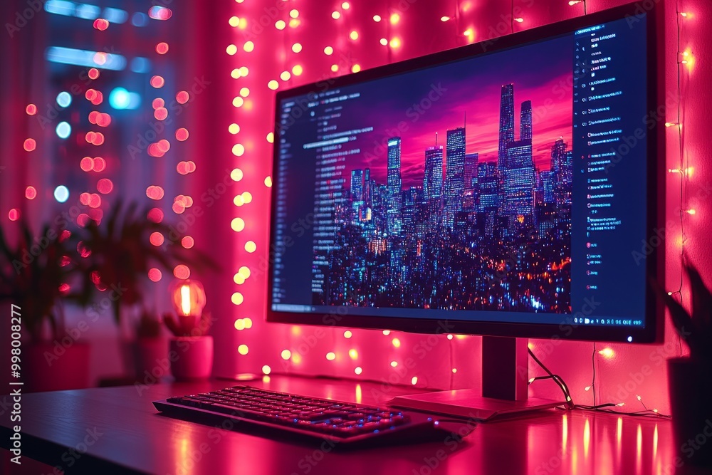 A modern workspace featuring a vibrant cityscape on a monitor. A modern workspace featuring a vibrant cityscape on a monitor.