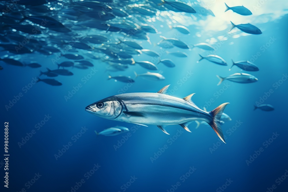 Fototapeta premium A group of fish swimming in clear ocean waters during daylight hours